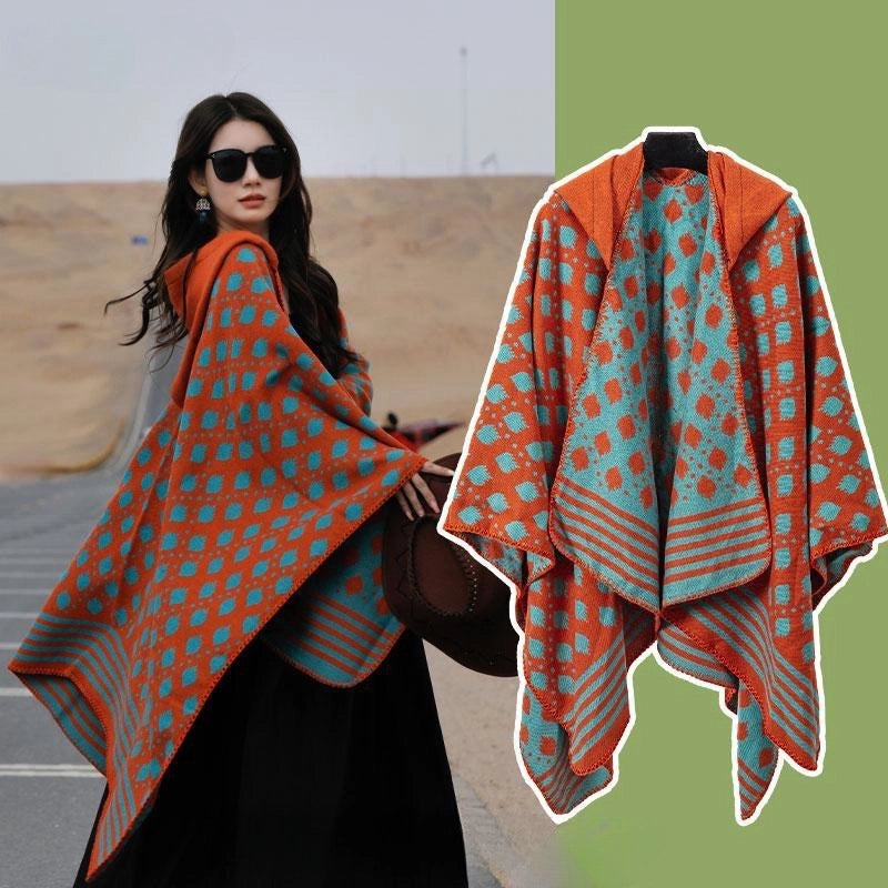Ethnic Style Hooded Cape Women’s Yunnan Tibet Western Sichuan Grassland Bohemia Travel Wear Scarf Coat
