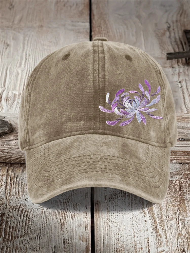 Japanese Chrysanthemum Embroidered Washed Cap