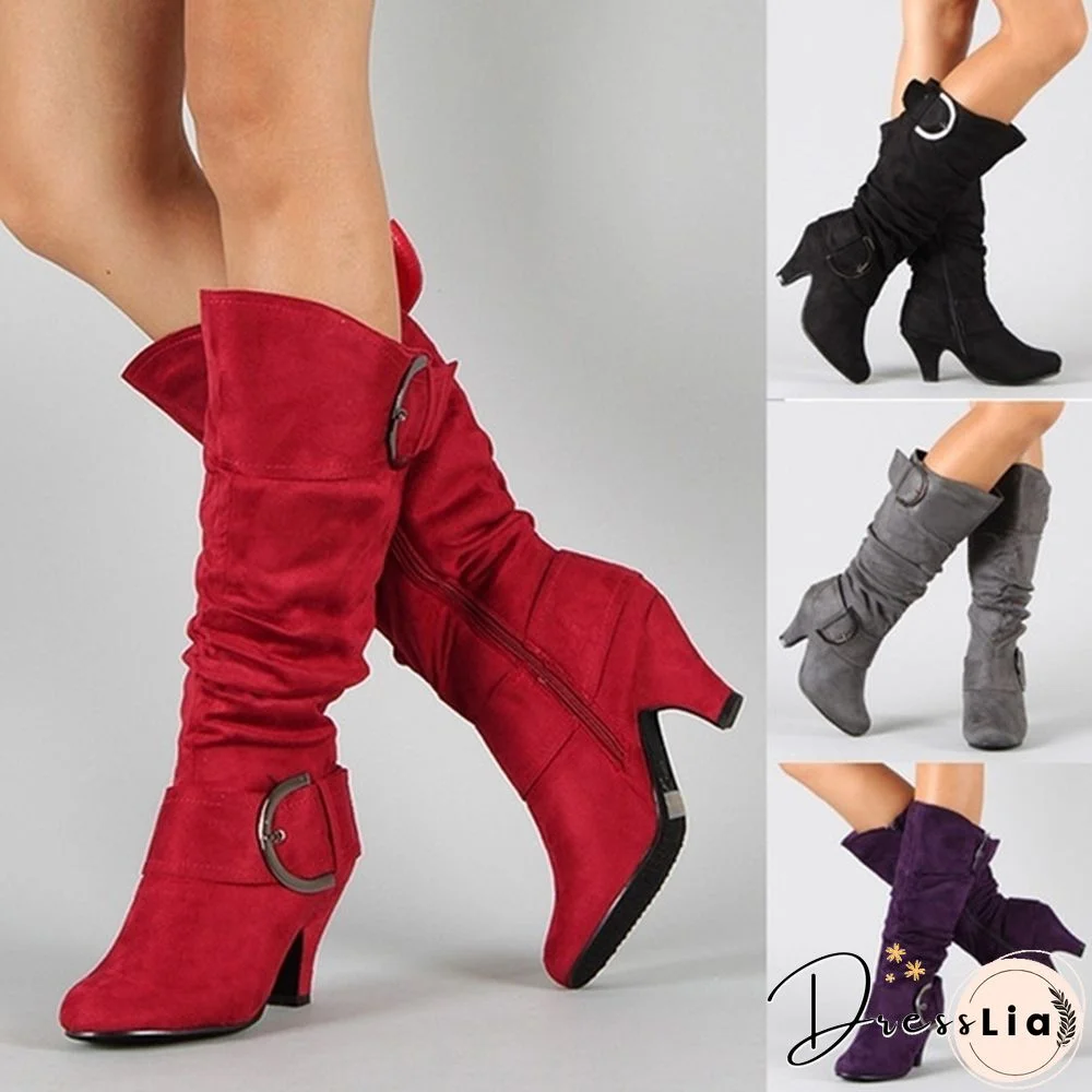 Winter Shoes Fashion Women Short Heel Solid Color Long Boots Pointed Toe Knee High Ladies Boots Outdoor Non-Slip Booties