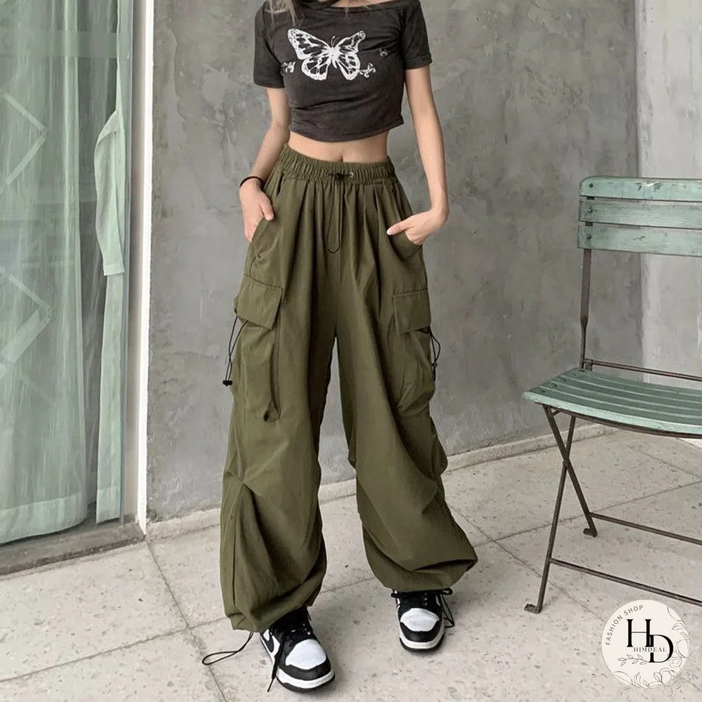 Women Big Pockets Cargo Pants Y2K High Elastic Waist Drawstring Cargo Pants