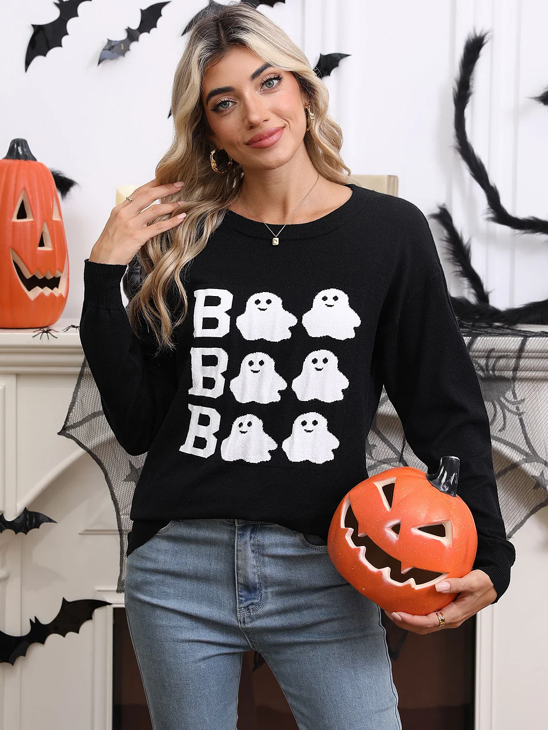 Athvotar Athvotar And Winter New Sweater Women's Halloween Element Embroidered Casual Round Collar Long-Sleeved Top