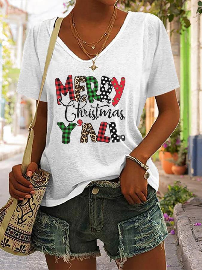 Women's Merry Christmas Yall Leopard Print Casual T-Shirt