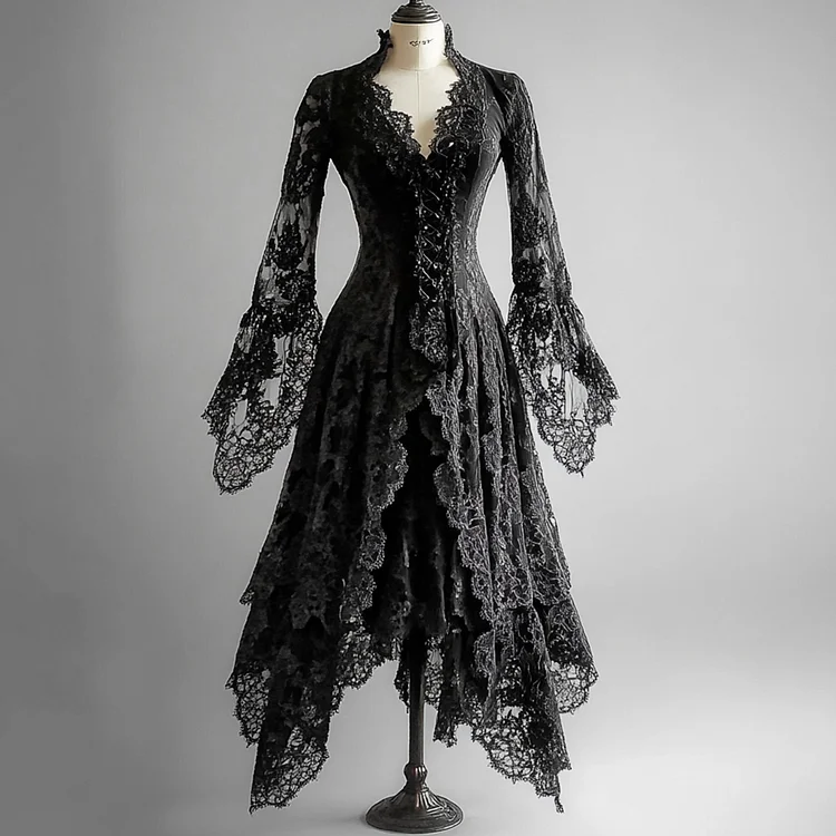 Ursime Lace V Neck Flare Sleeve Layered Asymmetrical Maxi Dress