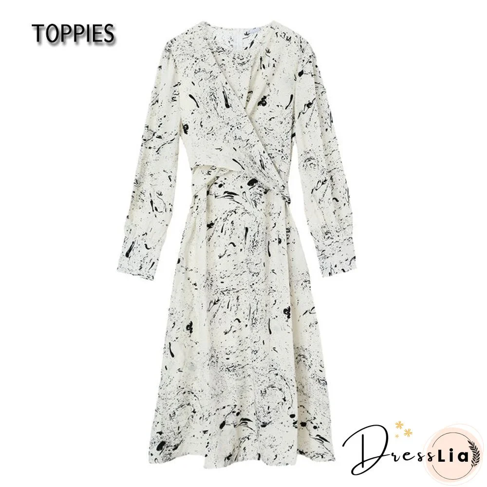 Toppies Long Dress for Women O Neck Long Sleeve Fashion Print Chic Belt zipper Loose Midi Dress Vestidos