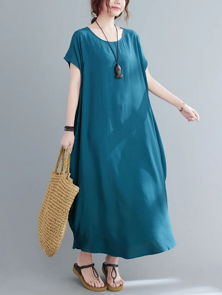 Women Round Neck Solid Color Loose Casual Dress