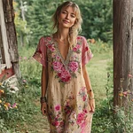 Boho Ethnic Floral Embroidery Women's Linen Short Sleeve Maxi Dress - Image 2