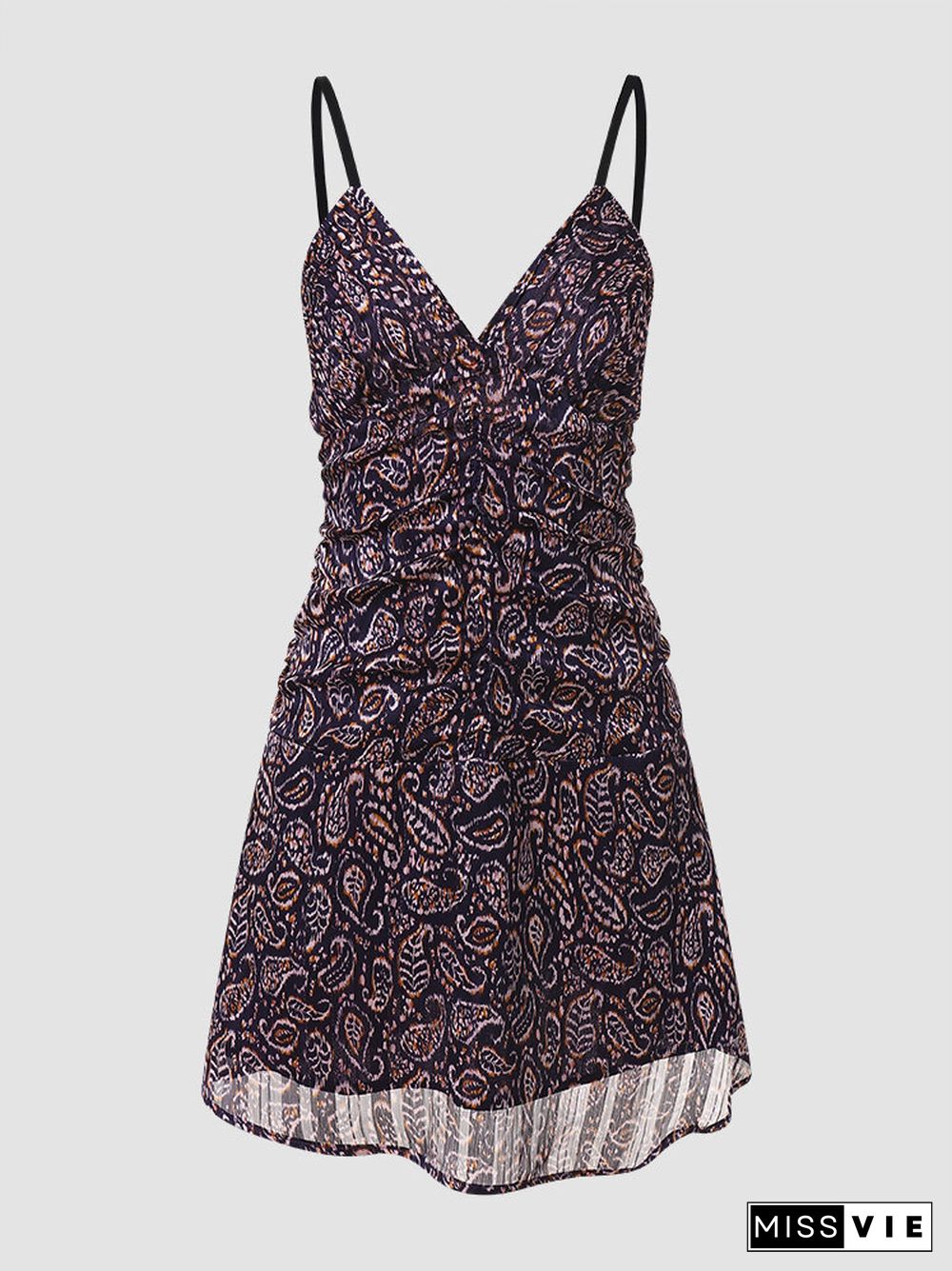 Paisley Print Open Back Adjustable Strap Knotted Vintage Dress