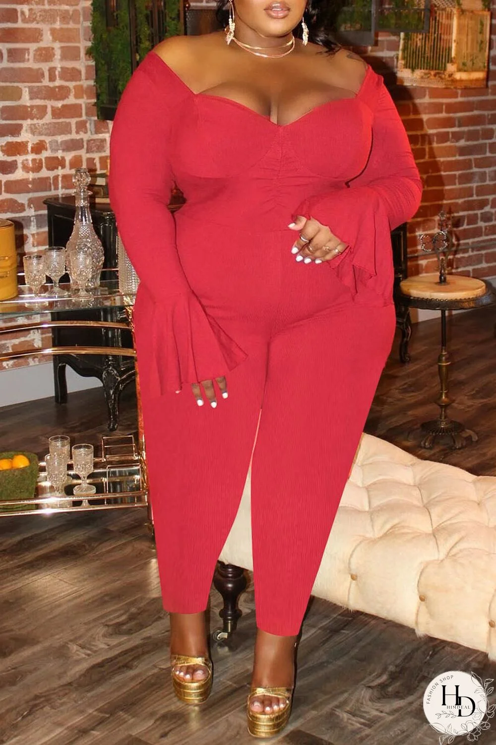 Black Sexy Solid Patchwork V Neck Plus Size Jumpsuits