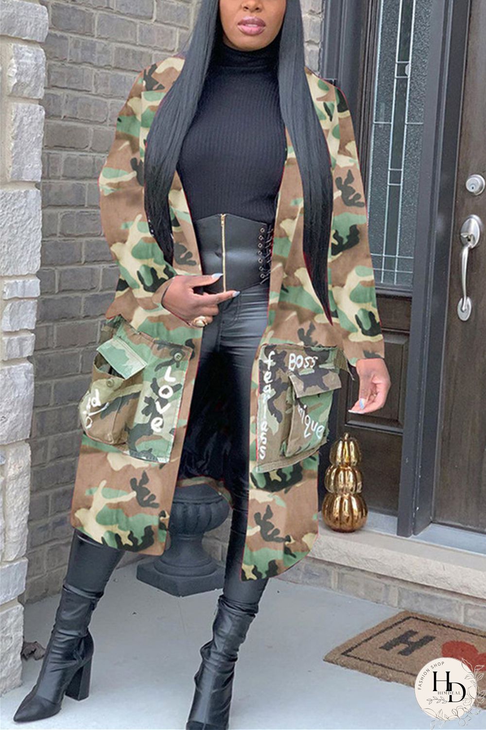 Camouflage Fashion Casual Turndown Collar Long Sleeve Regular Sleeve Letter Print Camouflage Print Coats