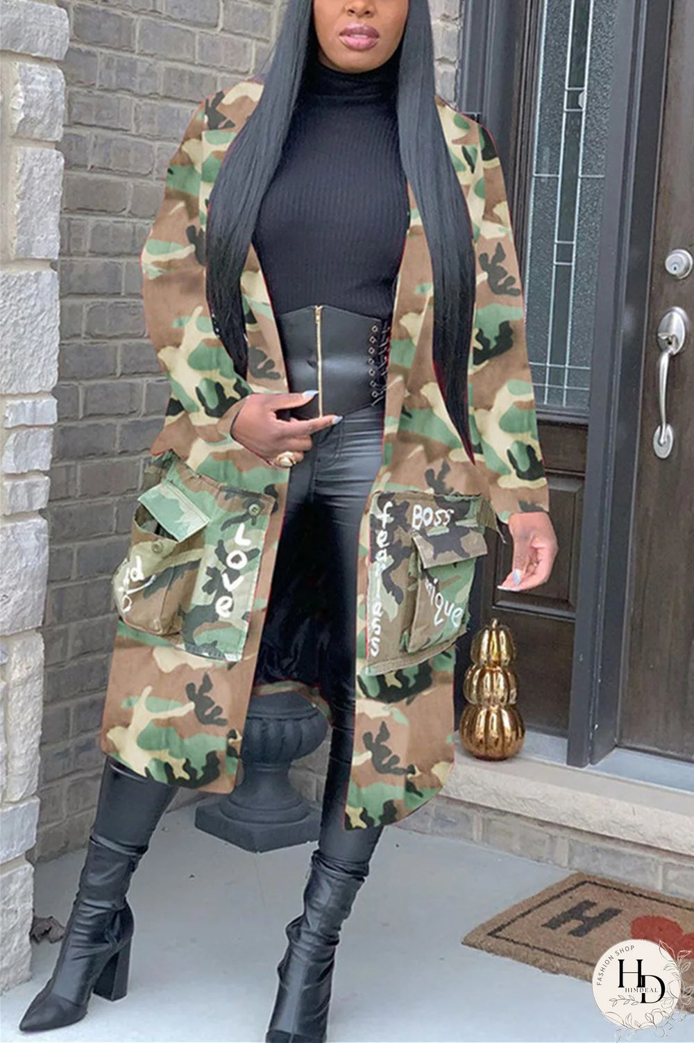 Camouflage Fashion Casual Turndown Collar Long Sleeve Regular Sleeve Letter Print Camouflage Print Coats