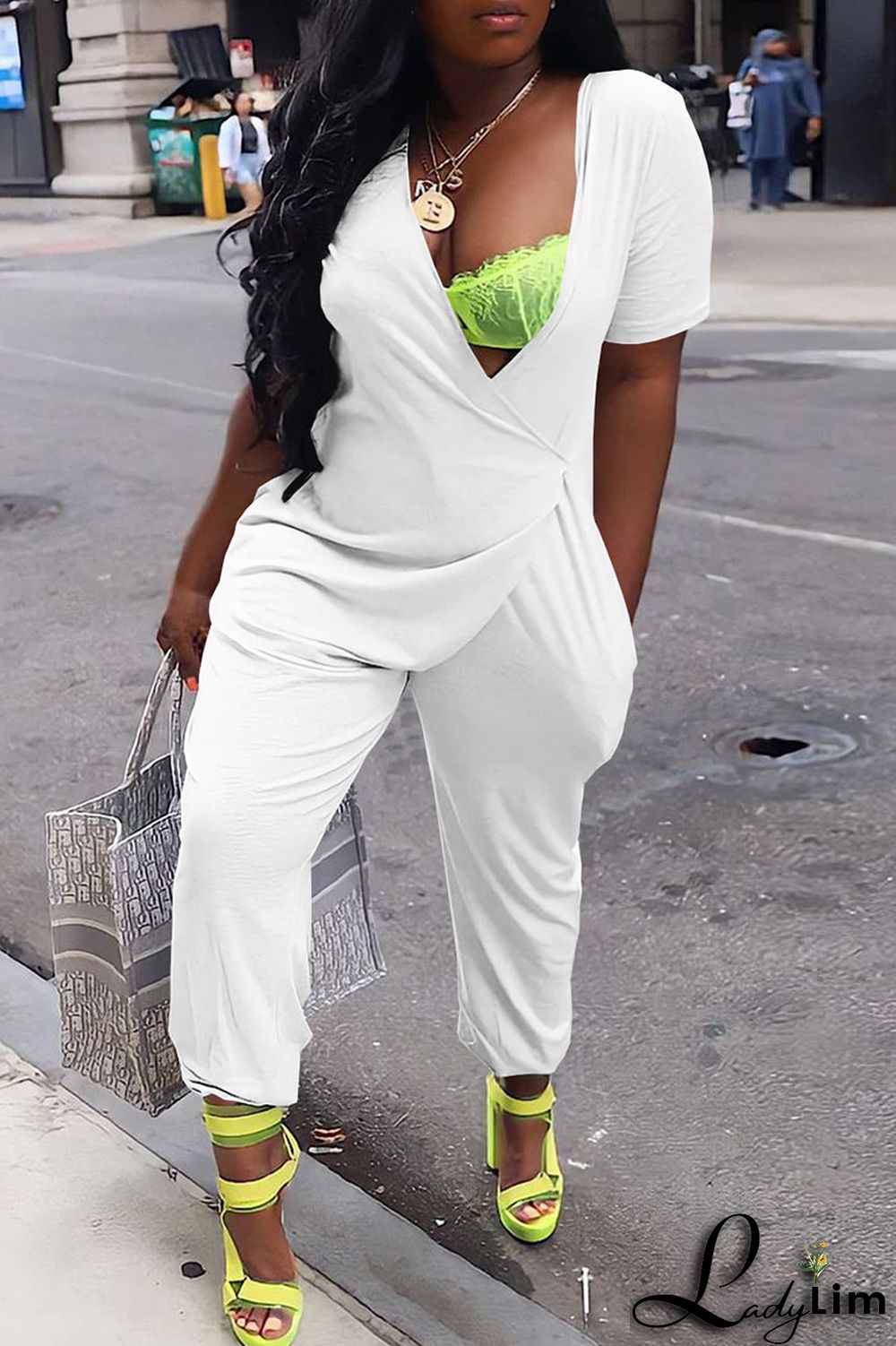 White Casual Solid Patchwork Asymmetrical V Neck Loose Jumpsuits