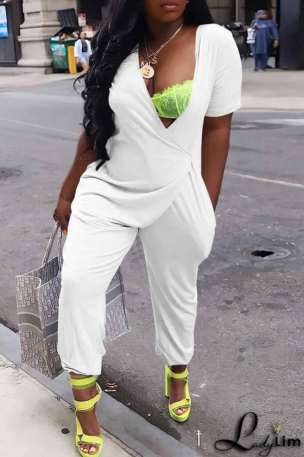 White Casual Solid Patchwork Asymmetrical V Neck Loose Jumpsuits