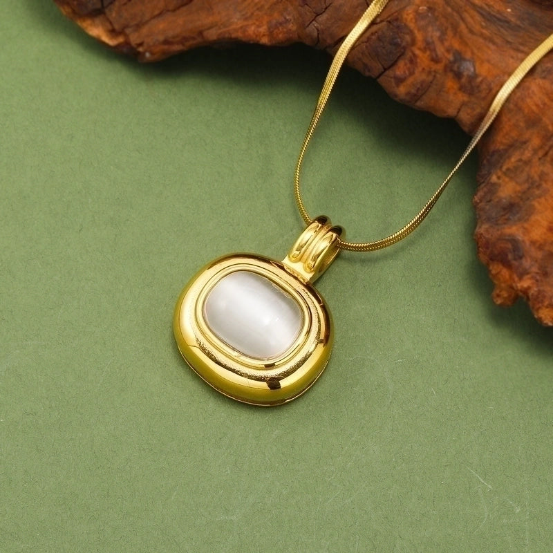 Titanium Steel IG Style Minimalist Oval Plating Inlay Turquoise Opal Tiger Eye Pendant Necklace