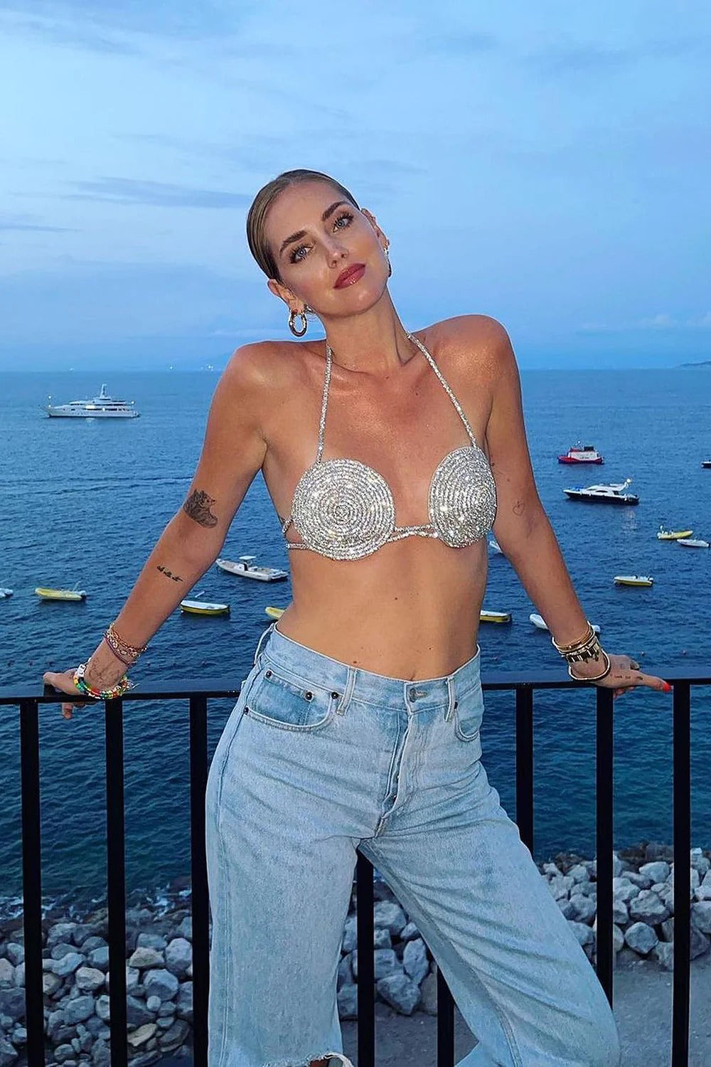Fashionslee Women Rhinestone Embellished Silk Bra Top In Silver