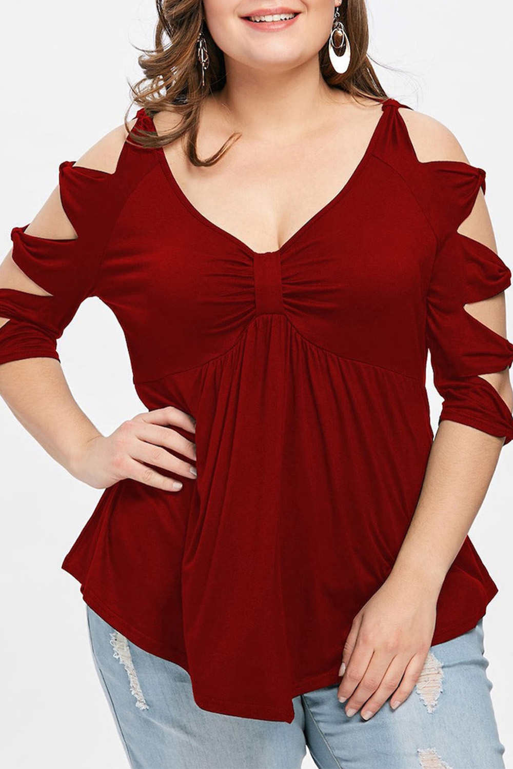 Plus Size Everyday Red Ruched Cut Out 3/4 Sleeve Blouse