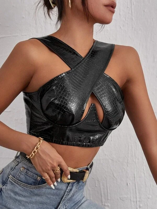 wsevypo Sexy Black PU Leather Cross Tank Tops Fashion Women Cut Out Hollow Bustiers Crop Tops Fall Club Halter Wrap Tube Tops