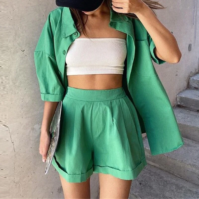 Casual Women Shorts Set Tracksuit Loungewear Two Piece Women Outfits Oversized Long Shirt And High Waist Shorts Green
