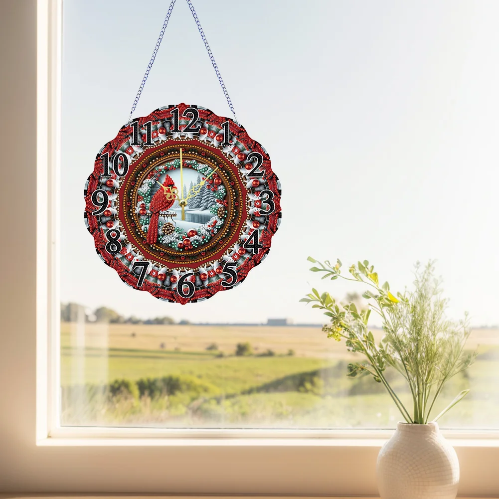 DIY Cardinal Special Shape Diamond Painting Hanging Clock for Home Decor