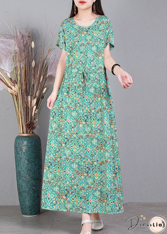 Plus Size Red O-Neck Cinched Print Drawstring Silk Long Dresses Short Sleeve