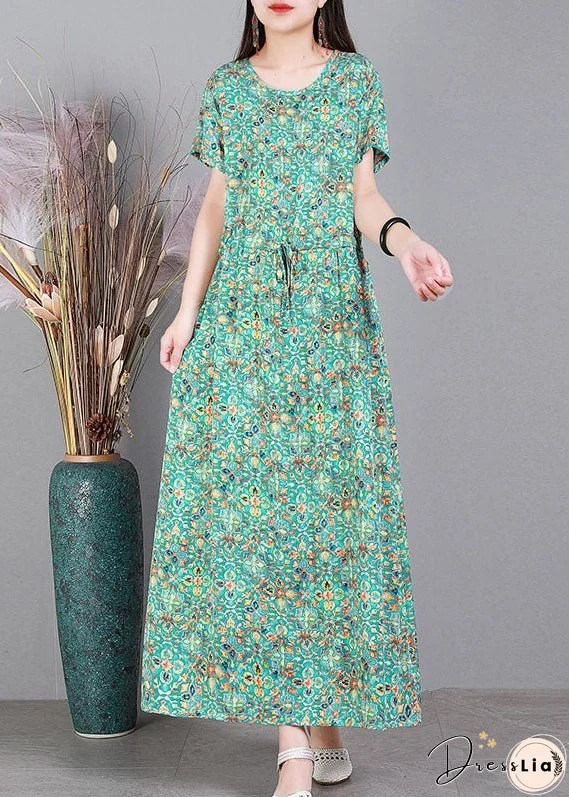 Plus Size Red O-Neck Cinched Print Drawstring Silk Long Dresses Short Sleeve