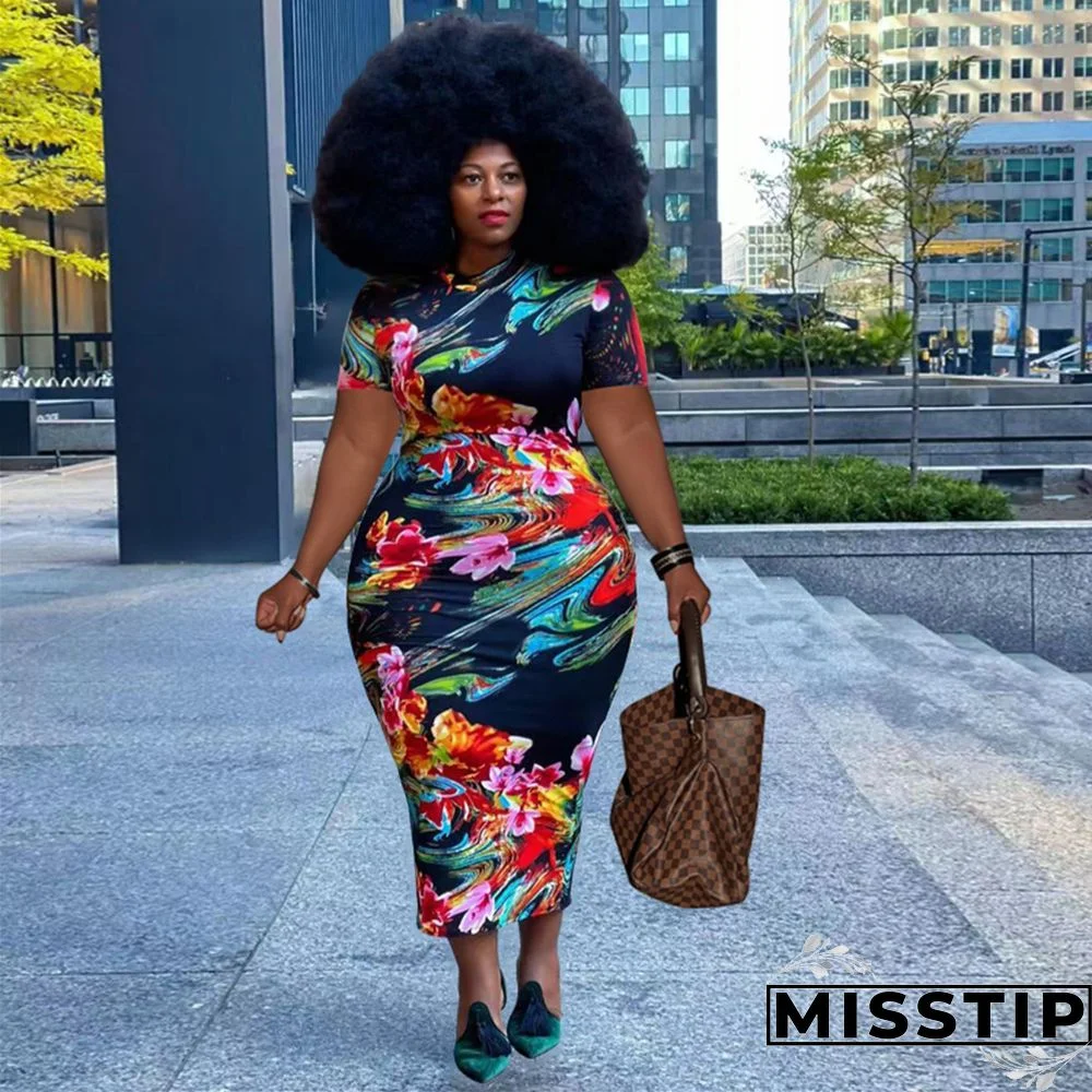 Floral Print Short Sleeve Vintage Plus Size Dresses