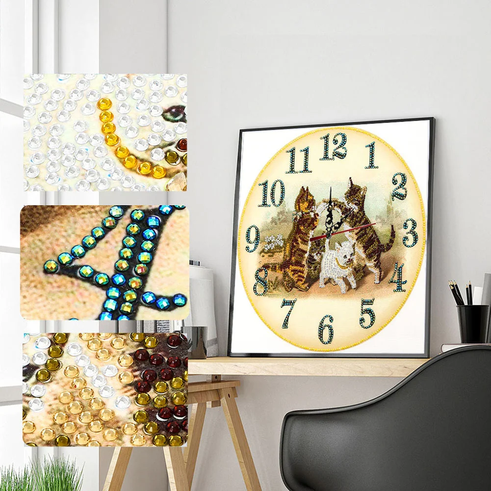 DIY Crystal Rhinestone Diamond Painting Cat Clock(35*35cm)