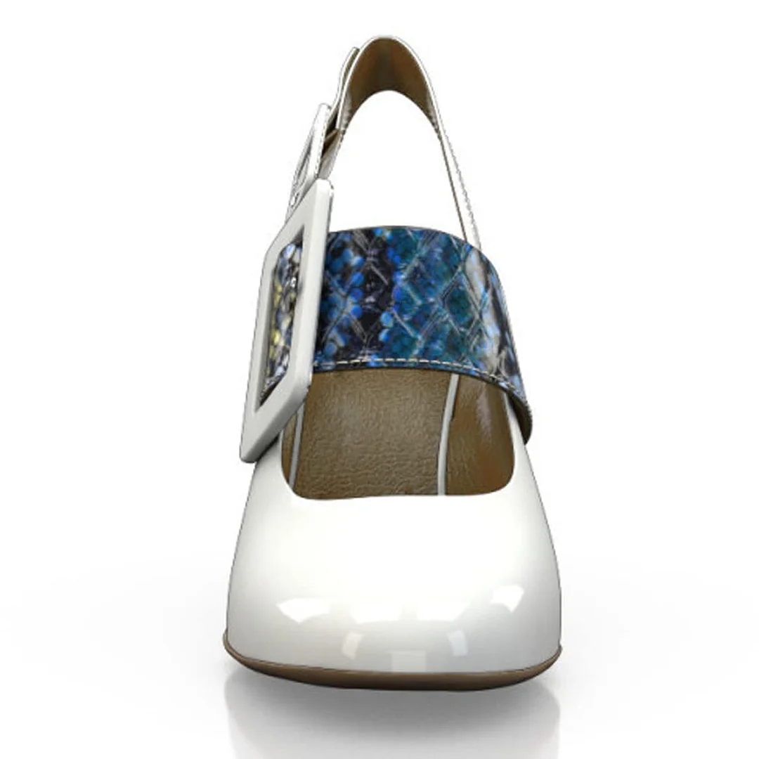 White Patent Leather Snakeskin Patchwork Buckle Slingback Chunky Heels