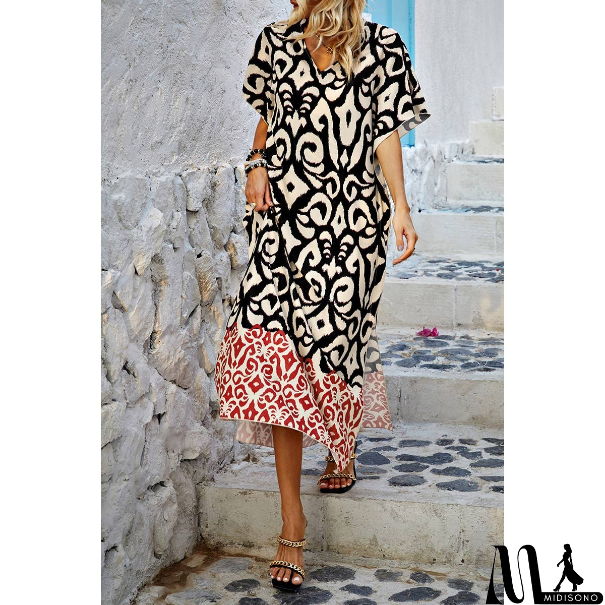 MidiSono - Plus Size V Neck Allover Print Loose Fit Dress