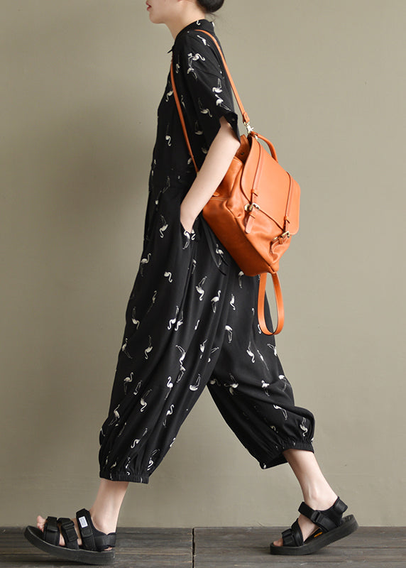 VCSHOES Loose Black Peter Pan Collar Button Print Chiffon Jumpsuit Short Sleeve
