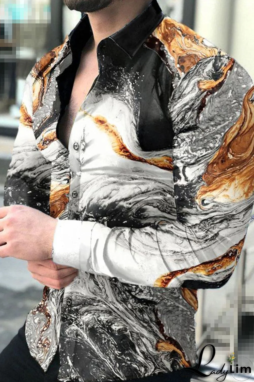 Black Gray Fashion Casual Print Split Joint Buckle Turndown Collar Tops