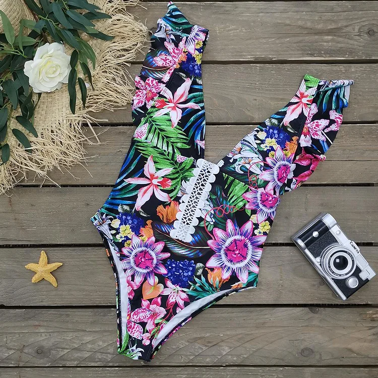 Flaxmaker Ruffle Backless Floral Print Sexy One Piece Swimsuit