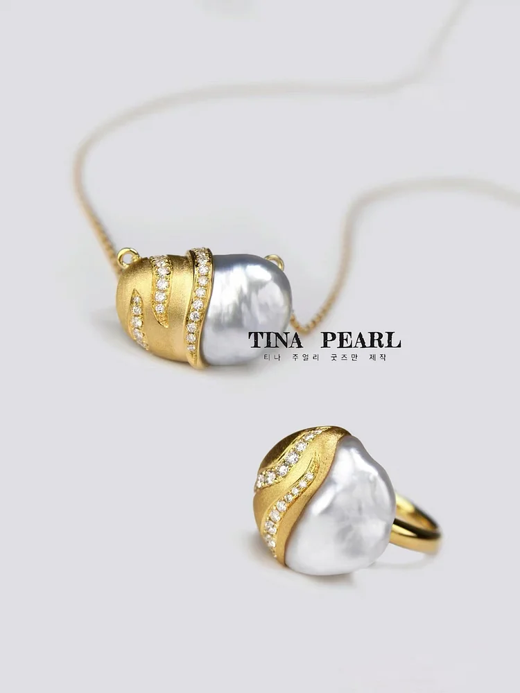 2024 TINA Jewelry18k gold Sea Water White keshi necklace + Ring set
