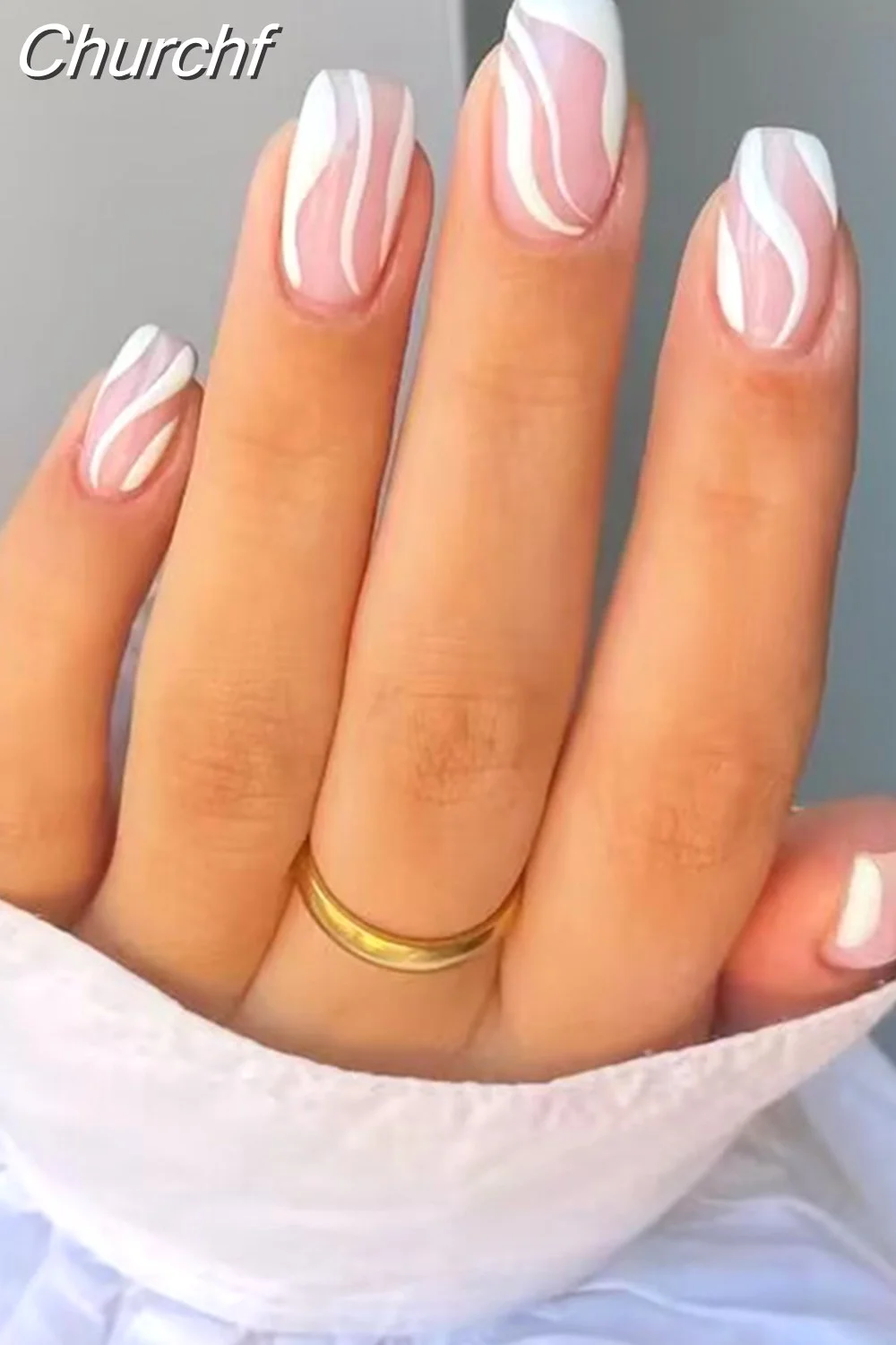 Churchf Wave Line Short Ballet French False Nails With Flower design Square Head Fake Nail Tips Simple Wearable Press On Nails-Nail Inspo