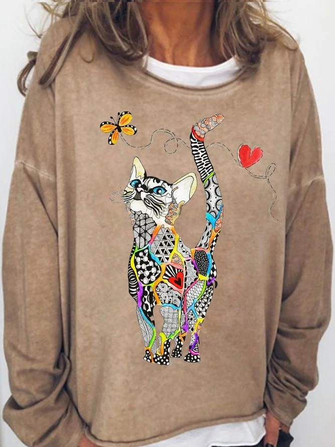 Long Sleeve Crew Neck Rainbow Kitty With Butterfly Casual Sweatshirt
