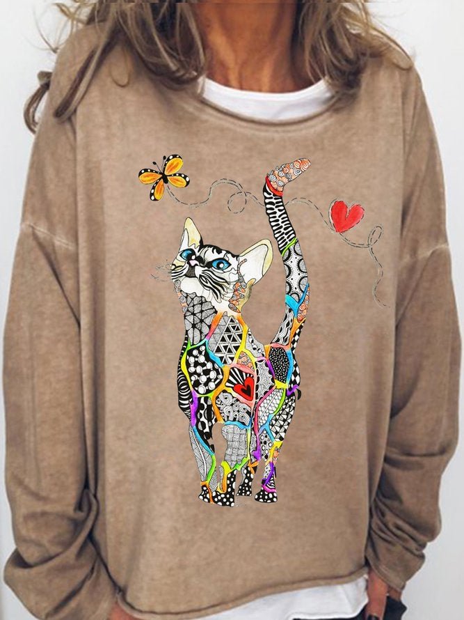 Long Sleeve Crew Neck Rainbow Kitty With Butterfly Casual Sweatshirt