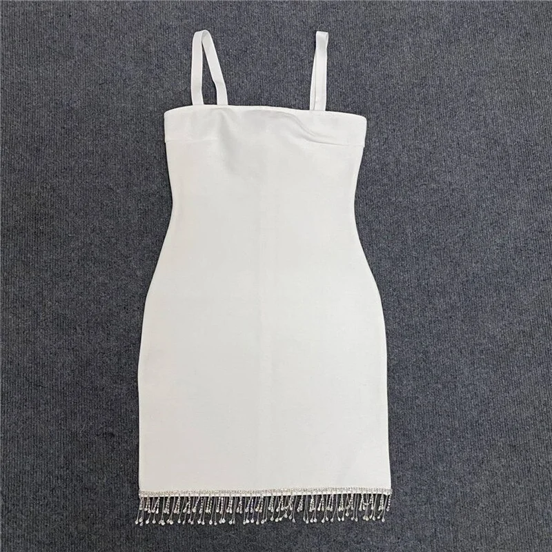 Summer Diamonds Tassel Women Dress Spaghetti Strap Slash Neck Mini Bandage Vestidos  Night Club Party Female Clothing