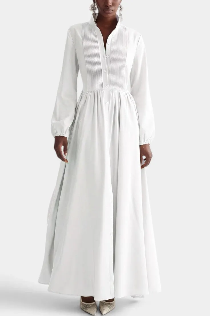 Pleated Collar Maxi Dress with Puffed Sleeves