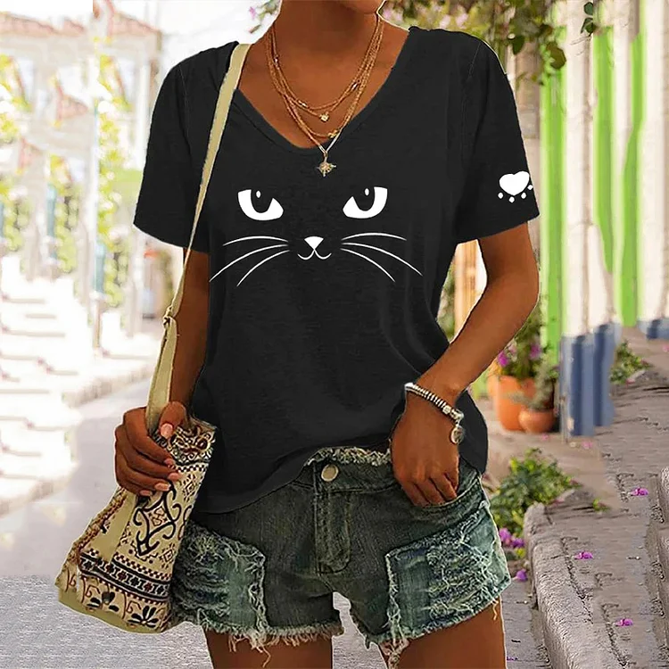 Simpfit Damen-Katzenliebhaber-Lässiges T-Shirt mit V-Ausschnitt