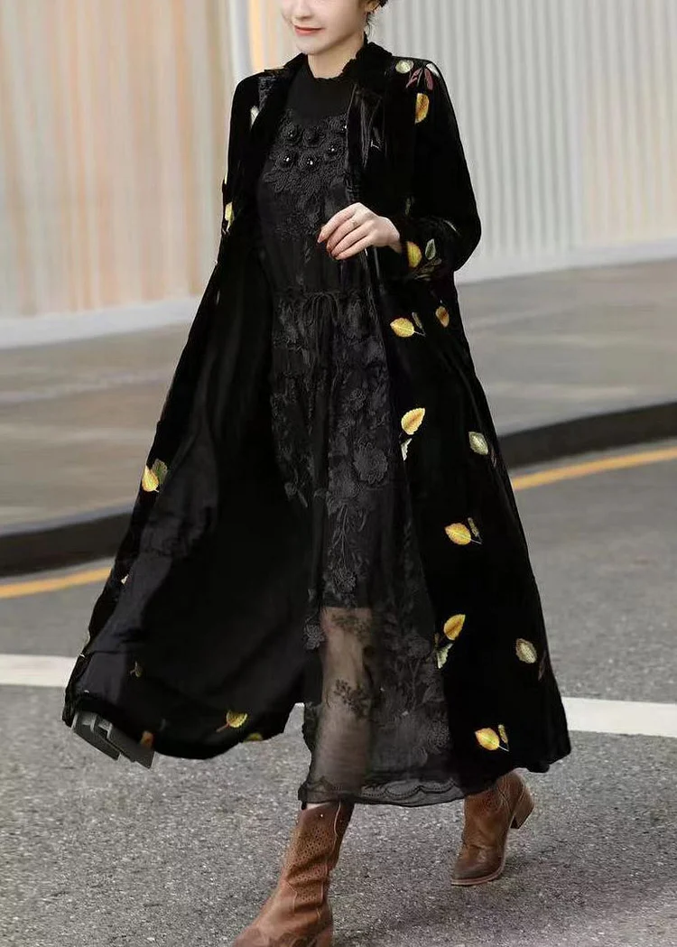 Style Black Notched Print Silk Velour Long Trench Coats Long Sleeve