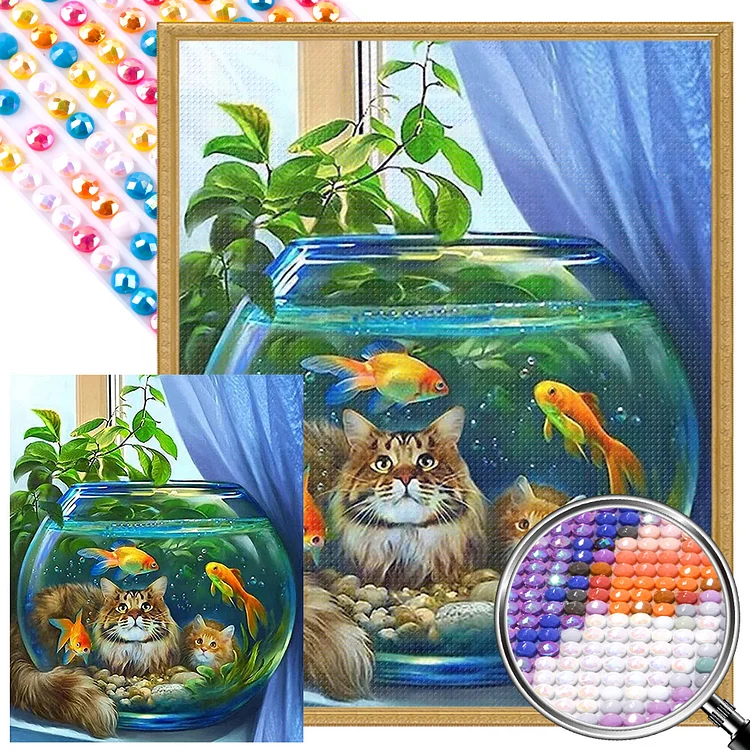 Cat Observing Goldfish 40*50CM (Canvas) Full AB Round Drill Diamond Painting gbfke