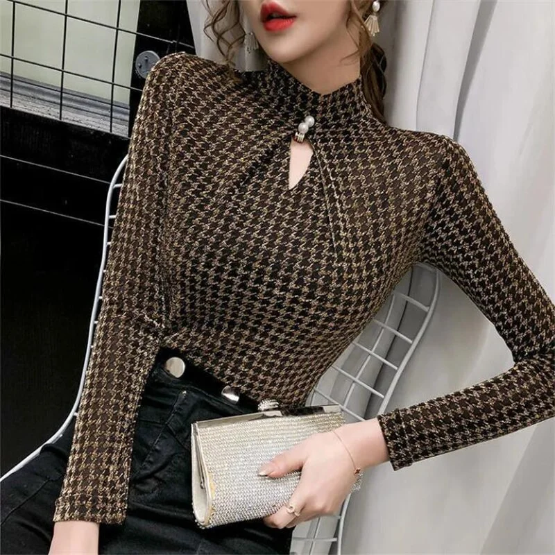 Bright Silk High Neck StretchT-shirtWomen's Bottoming Shirt Hollow out Beading Tees Spring Autumn  Soft Tops Female Tshirt