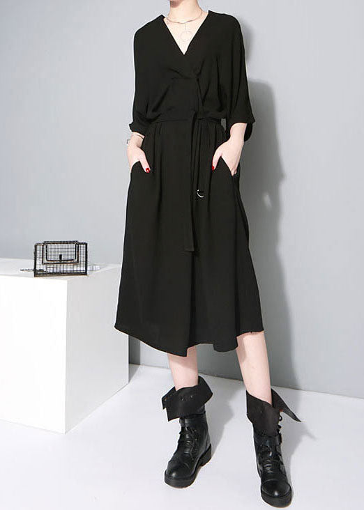 VCSHOES Black tie waist V Neck Dress Half Sleeve