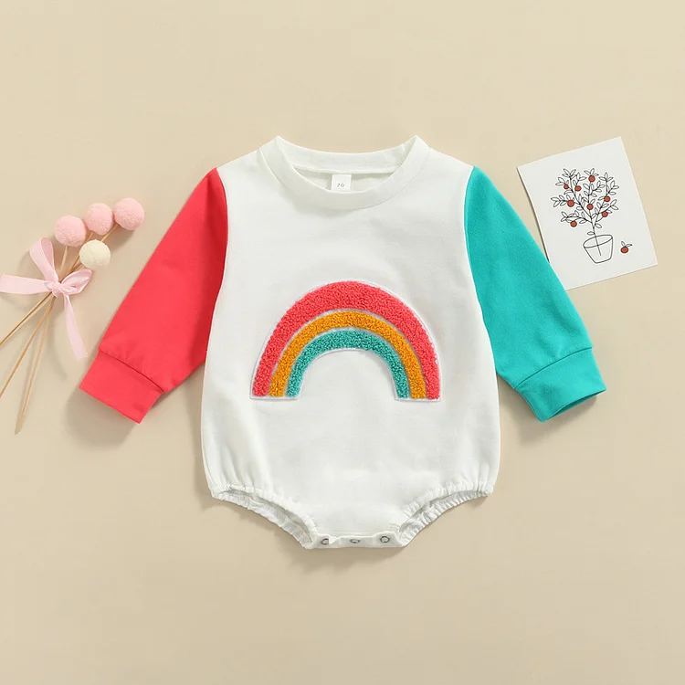 Baby Boy/Girl Embroidered Rainbow Block Color Long Sleeve Bodysuit