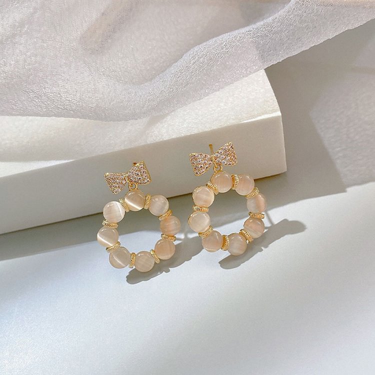 Zircon Bow Opal Stud Earrings