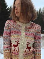 Vintage Christmas Reindeer & Snowflakes Cozy Isle Cardigan