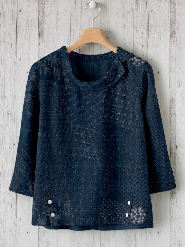 Japanese Traditional Sashiko Art Linen Blend Comfy Tunic