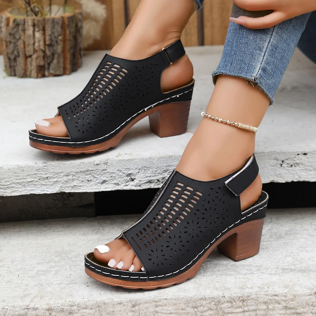 Yyvonne High-Heeled Sandals Summer New Hollow Fish-Mouthed Shoes Coarse Heel Breathable Sexy Sandals