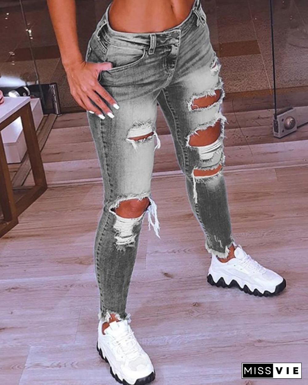 Fringe Hem Cutout Distressed Denim Pants P12077