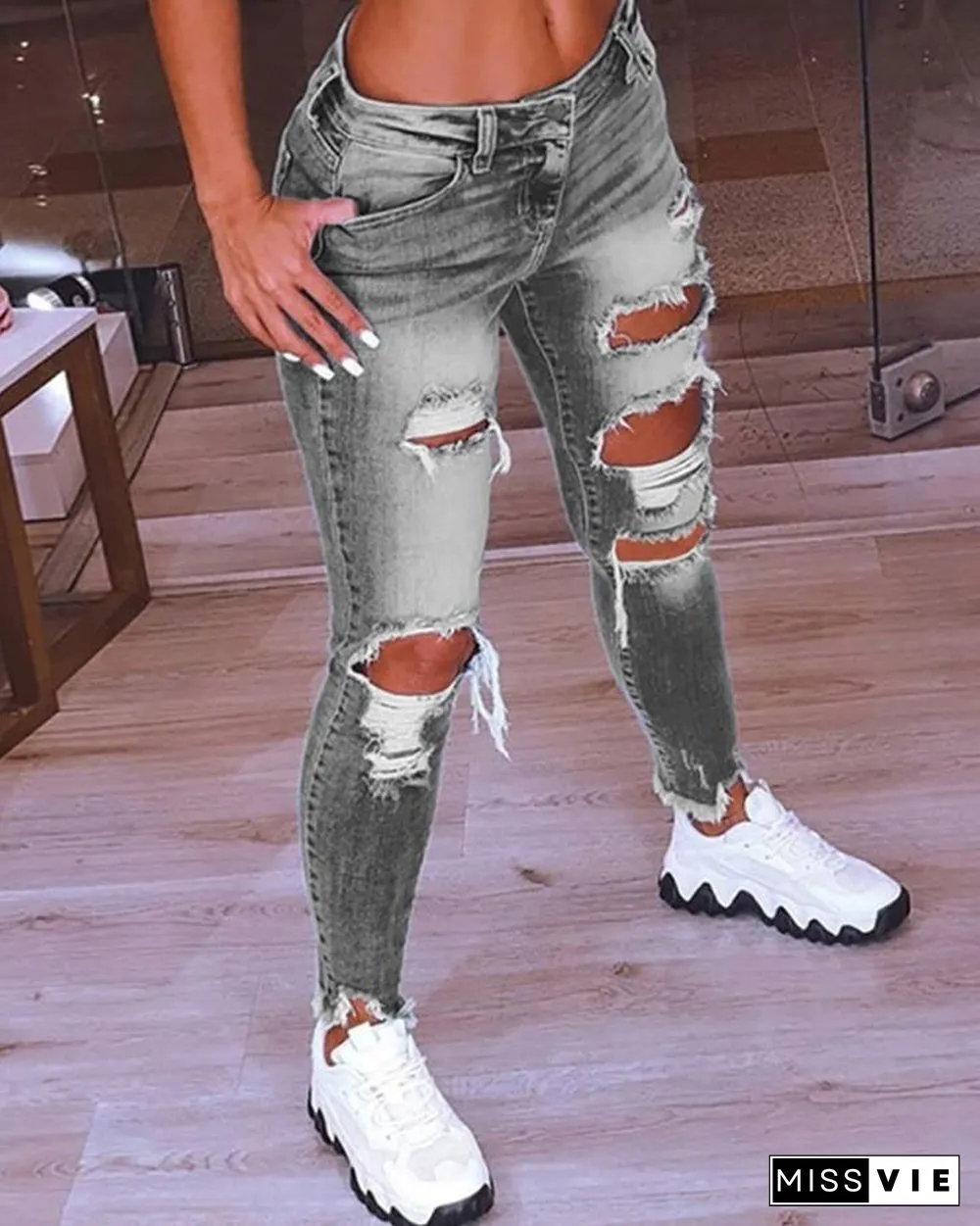 Fringe Hem Cutout Distressed Denim Pants P12077