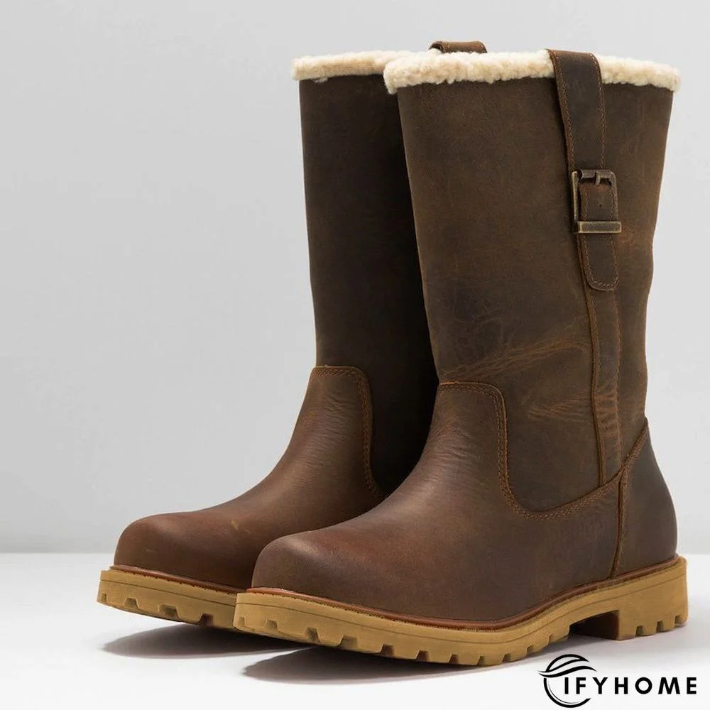 Women Slide Snow Boots Pu Working Chunky Heel Winter Shoes | IFYHOME